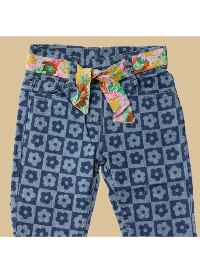 MARWAN Girls All Over Print Long Pants with Contrast Waist Belt - Image 3